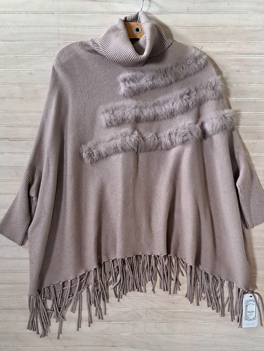 NWT Coeur de Vague Faux Fur Fringe One Size Turtleneck Poncho Sweater Oversized